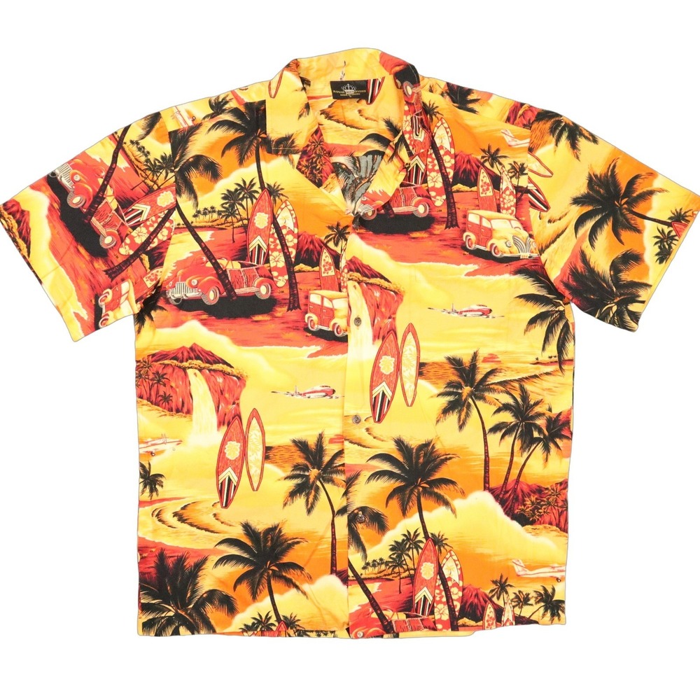 Royal Creations Sunset Scenic Button Down Mens L Orange Red Tropical Car Modern